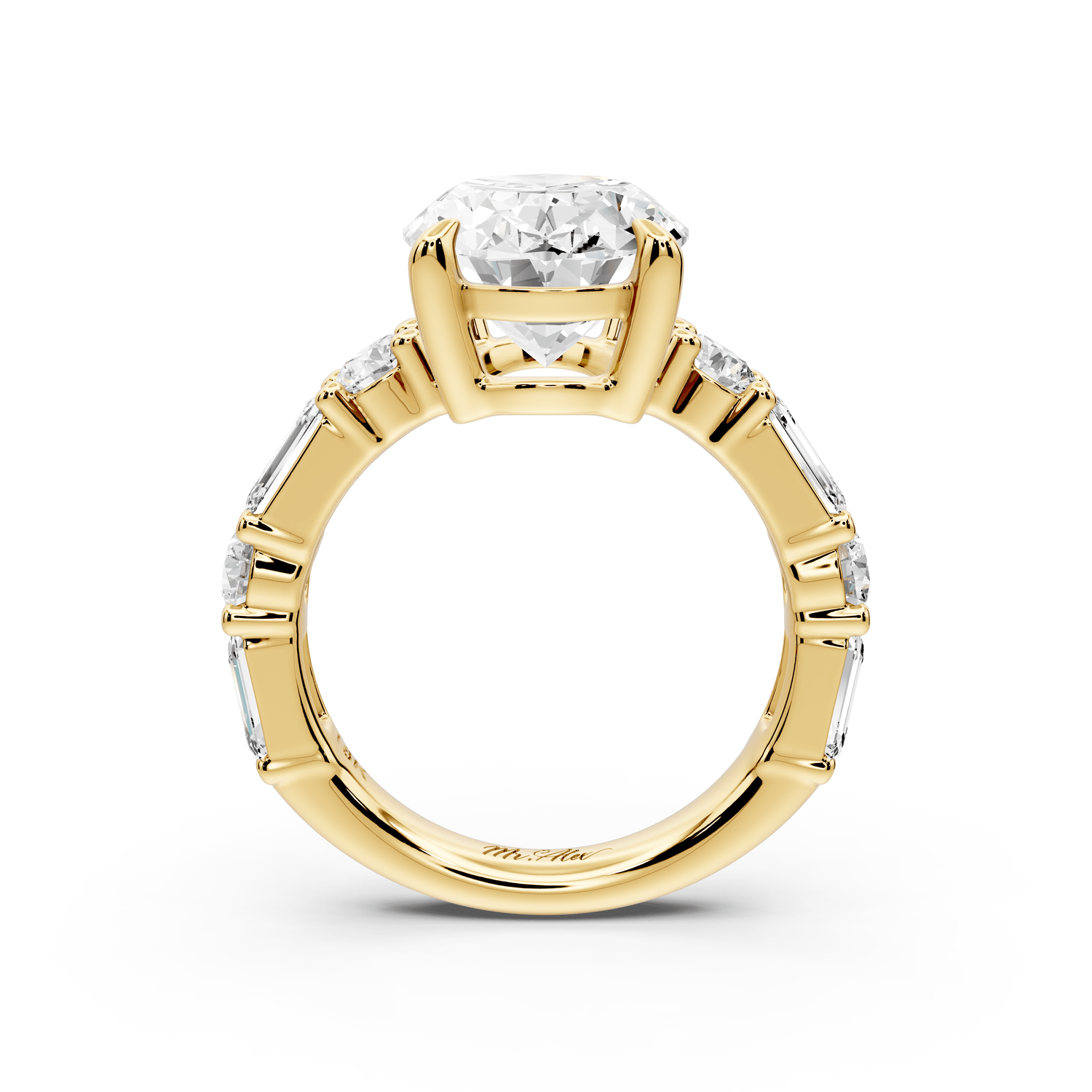 Juliette - 5ct 18k yellow gold oval with Alternating Round and Emerald 8 - Stone Band Engagement Ring - Mr. Alex Jewelry