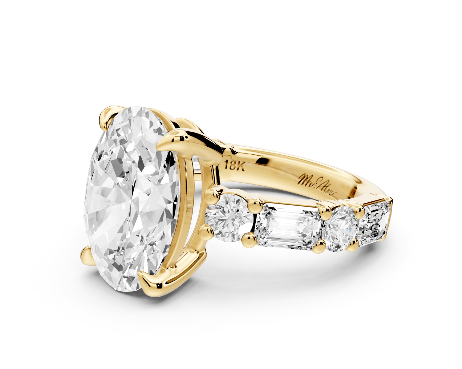 Juliette - 5ct 18k yellow gold oval with Alternating Round and Emerald 8 - Stone Band Engagement Ring - Mr. Alex Jewelry