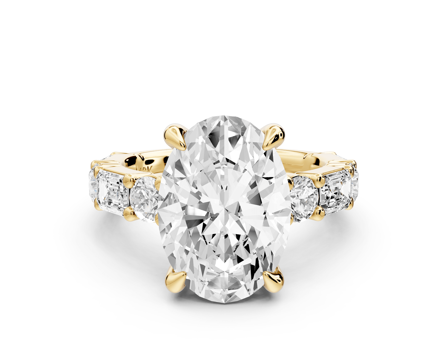 Juliette - 5ct 18k yellow gold oval with Alternating Round and Emerald 8 - Stone Band Engagement Ring - Mr. Alex Jewelry