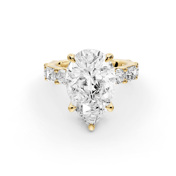 Juliette - 5ct 18k yellow gold pear with Alternating Round and Emerald 8 - Stone Band Engagement Ring - Mr. Alex Jewelry