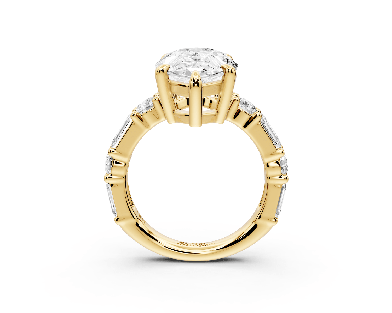 Juliette - 5ct 18k yellow gold pear with Alternating Round and Emerald 8 - Stone Band Engagement Ring - Mr. Alex Jewelry