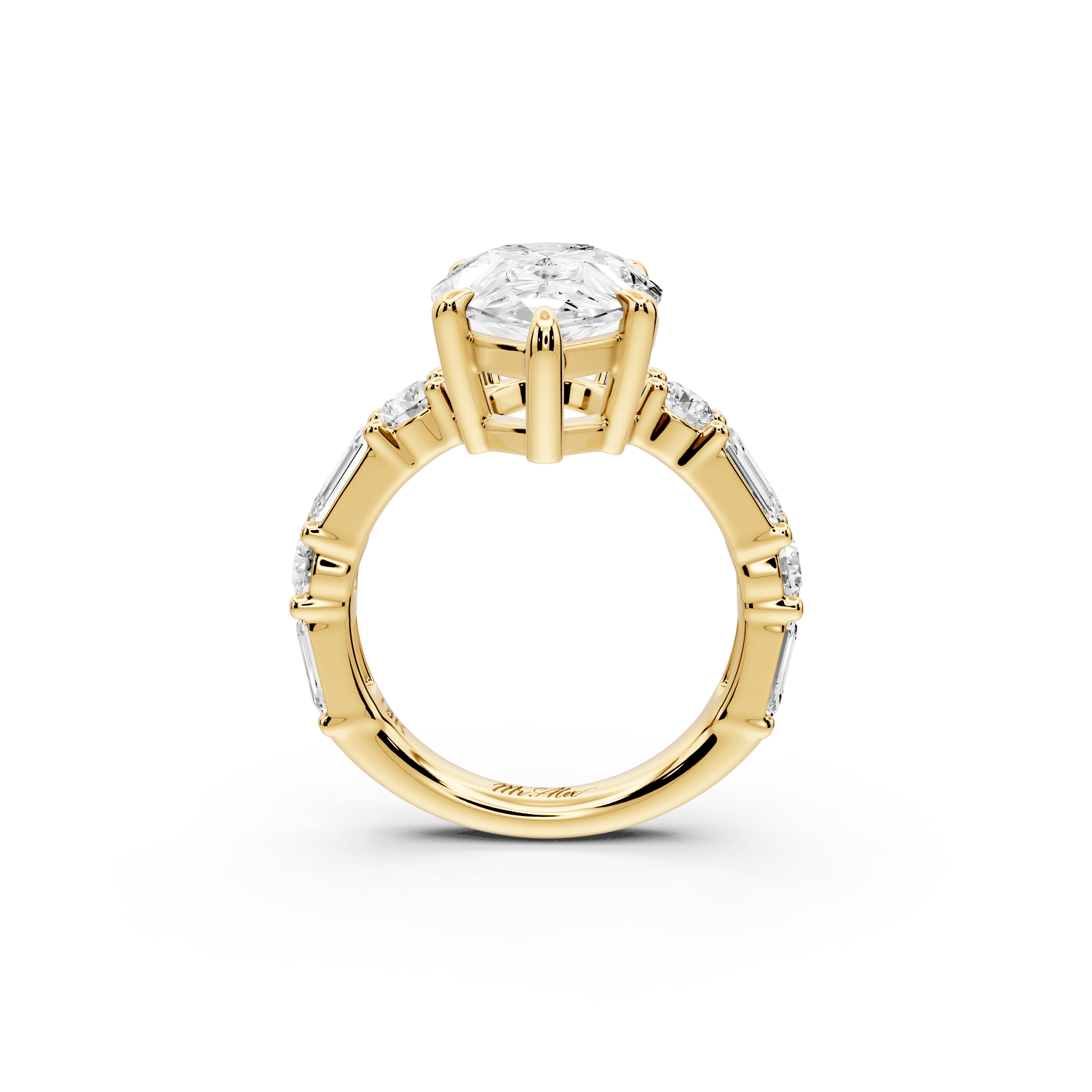 Juliette - 5ct 18k yellow gold pear with Alternating Round and Emerald 8 - Stone Band Engagement Ring - Mr. Alex Jewelry