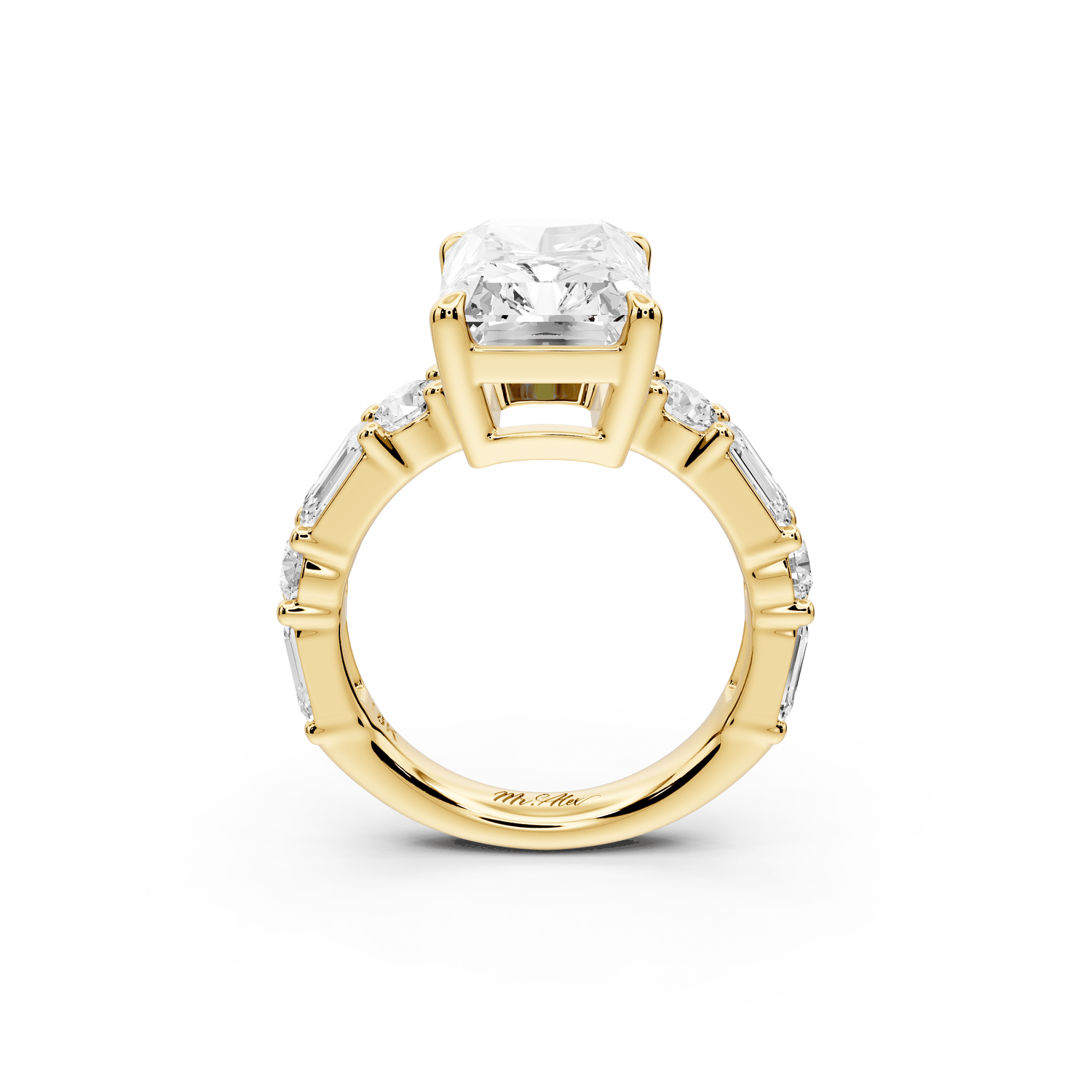 Juliette - 5ct 18k yellow gold radiant with Alternating Round and Emerald 8 - Stone Band Engagement Ring - Mr. Alex Jewelry