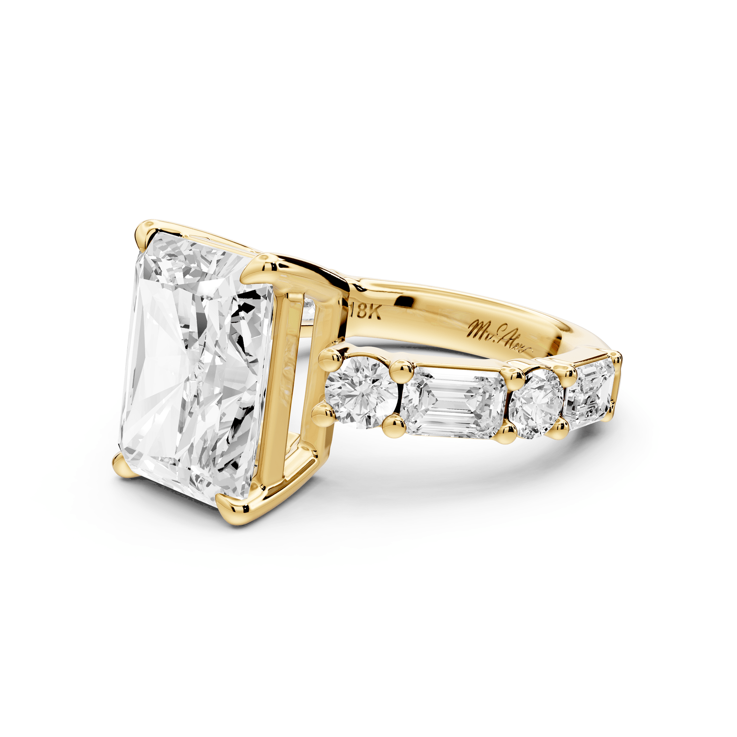 Juliette - 5ct 18k yellow gold radiant with Alternating Round and Emerald 8 - Stone Band Engagement Ring - Mr. Alex Jewelry