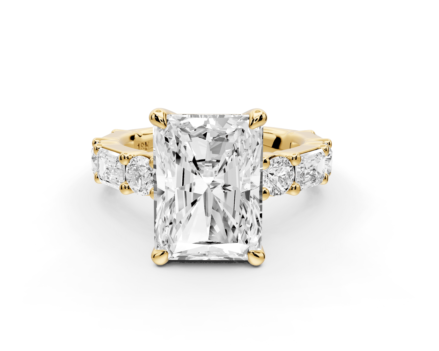 Juliette - 5ct 18k yellow gold radiant with Alternating Round and Emerald 8 - Stone Band Engagement Ring - Mr. Alex Jewelry