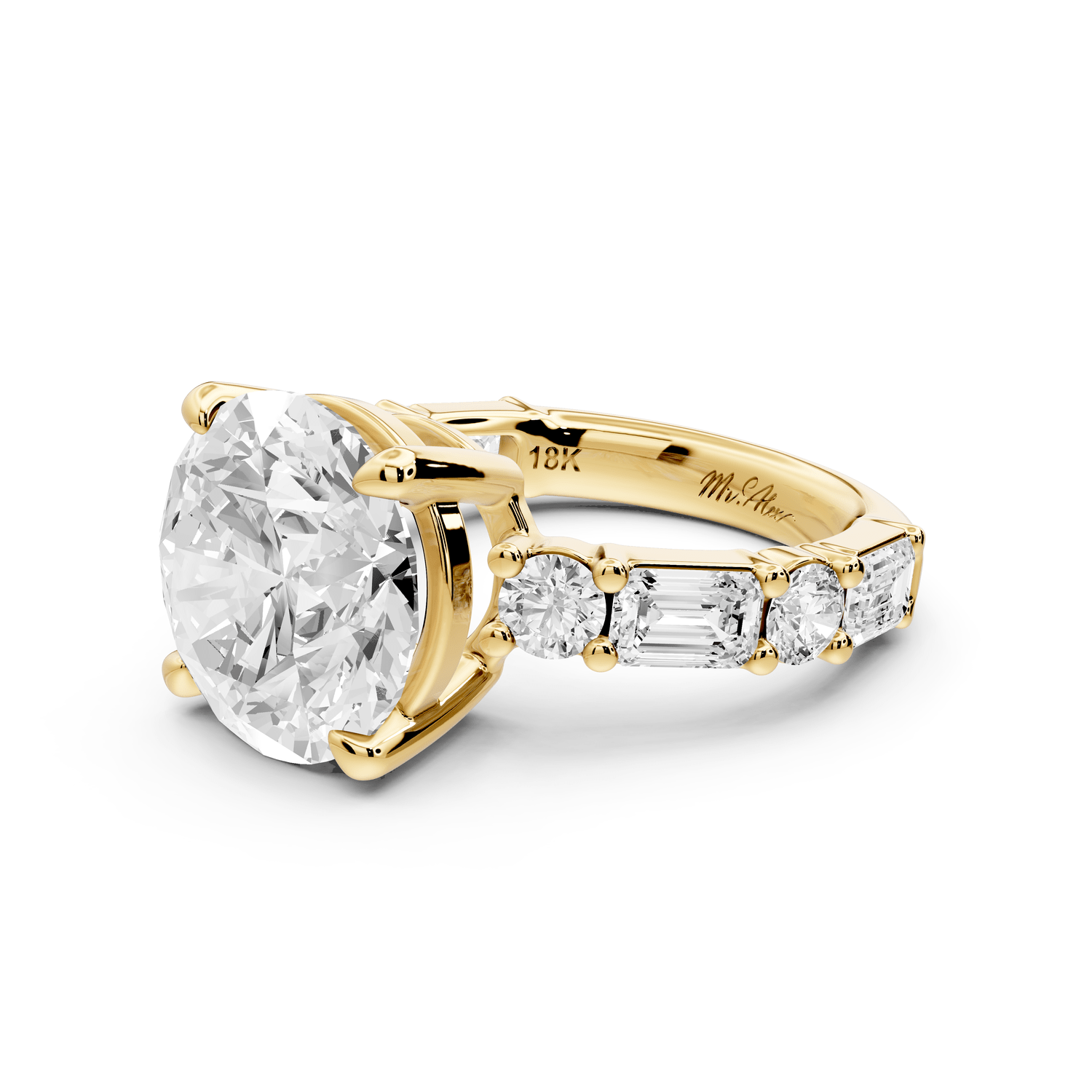Juliette - 5ct 18k yellow gold round with Alternating Round and Emerald 8 - Stone Band Engagement Ring - Mr. Alex Jewelry