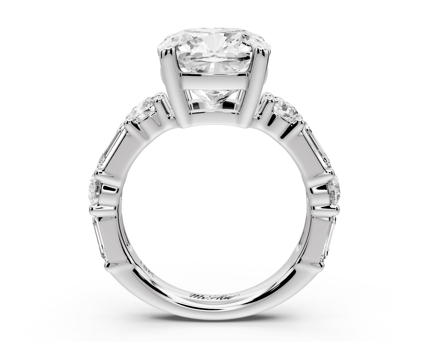 Juliette - 5ct platinum cushion with Alternating Round and Emerald 8 - Stone Band Engagement Ring - Mr. Alex Jewelry