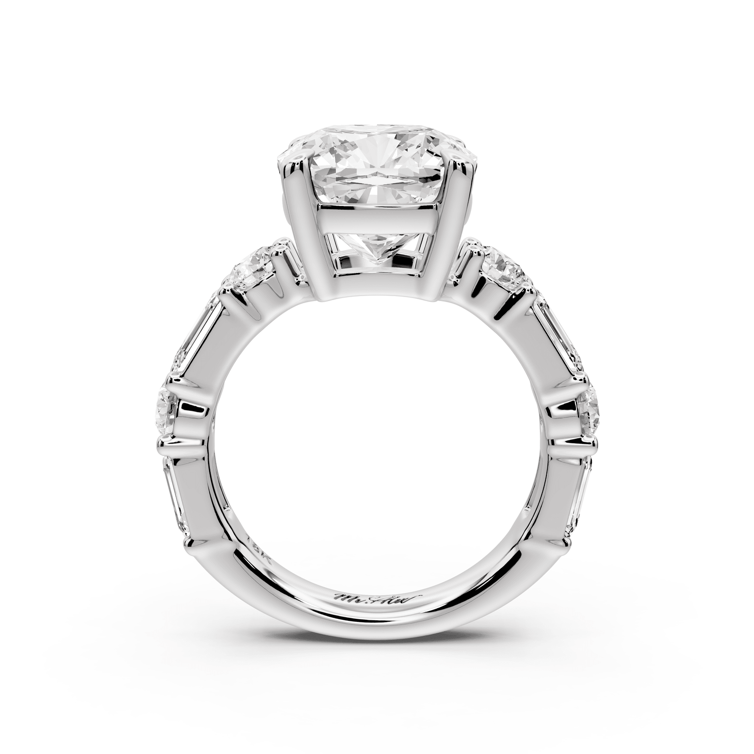 Juliette - 5ct platinum cushion with Alternating Round and Emerald 8 - Stone Band Engagement Ring - Mr. Alex Jewelry