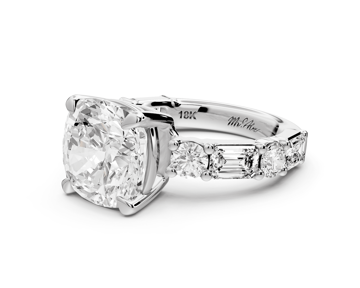 Juliette - 5ct platinum cushion with Alternating Round and Emerald 8 - Stone Band Engagement Ring - Mr. Alex Jewelry