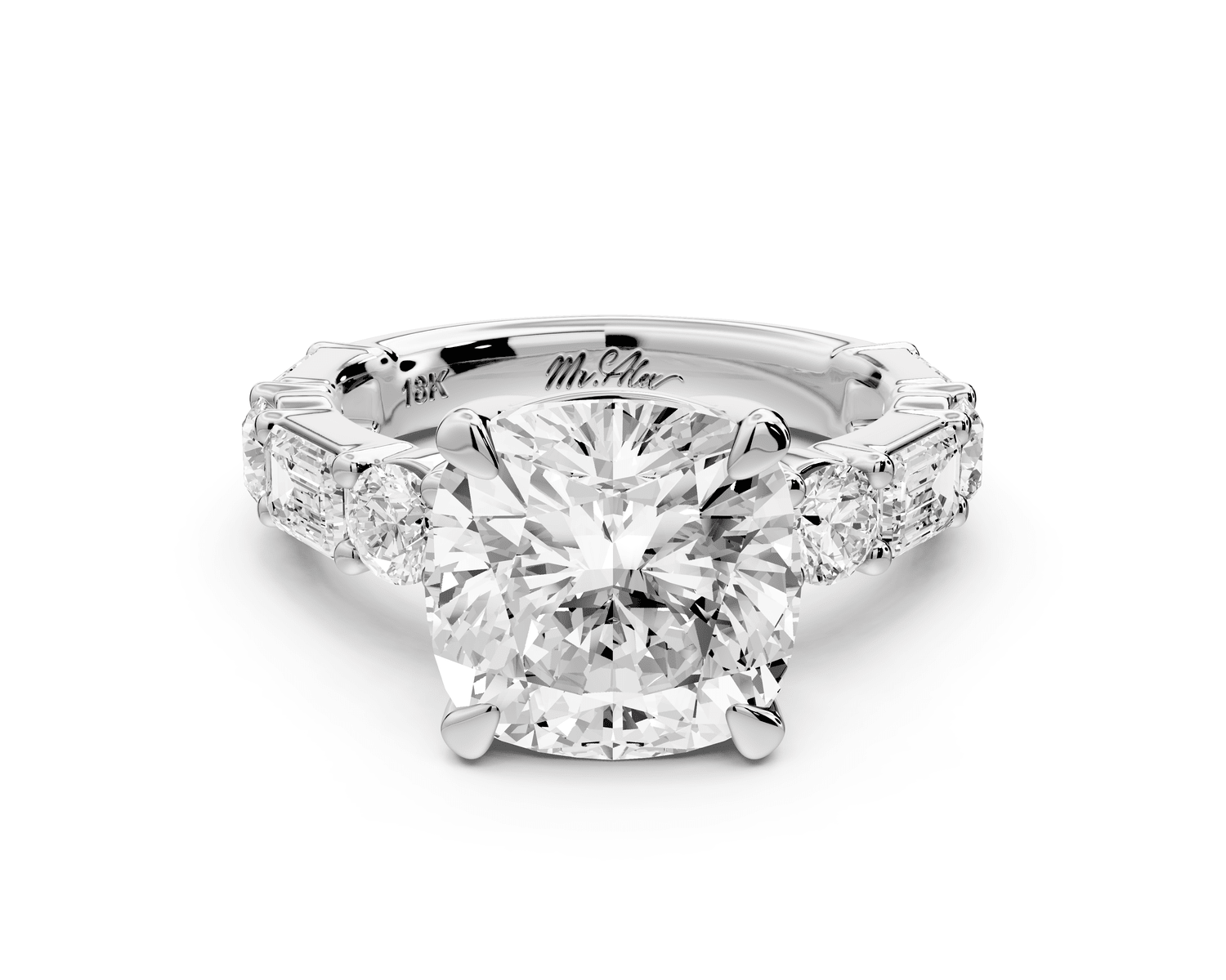 Juliette - 5ct platinum cushion with Alternating Round and Emerald 8 - Stone Band Engagement Ring - Mr. Alex Jewelry