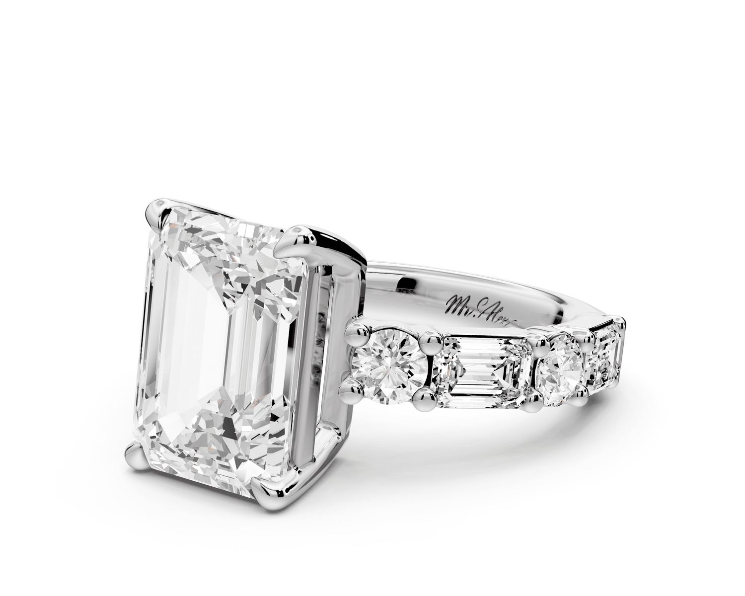 Juliette - 5ct platinum emerald with Alternating Round and Emerald 8 - Stone Band Engagement Ring - Mr. Alex Jewelry