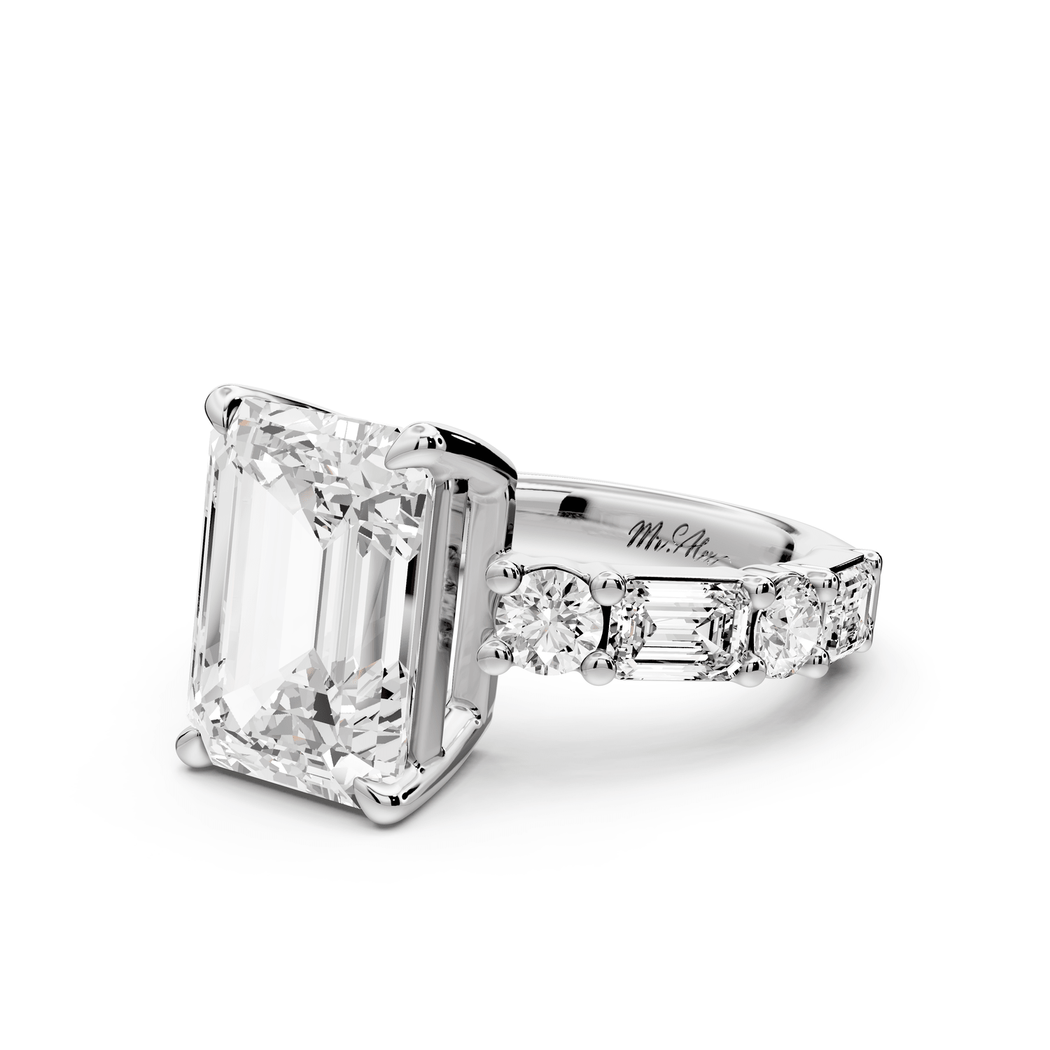 Juliette - 5ct platinum emerald with Alternating Round and Emerald 8 - Stone Band Engagement Ring - Mr. Alex Jewelry