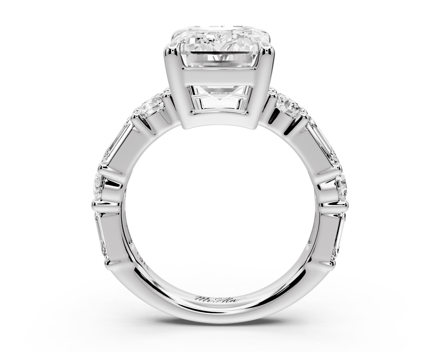 Juliette - 5ct platinum emerald with Alternating Round and Emerald 8 - Stone Band Engagement Ring - Mr. Alex Jewelry