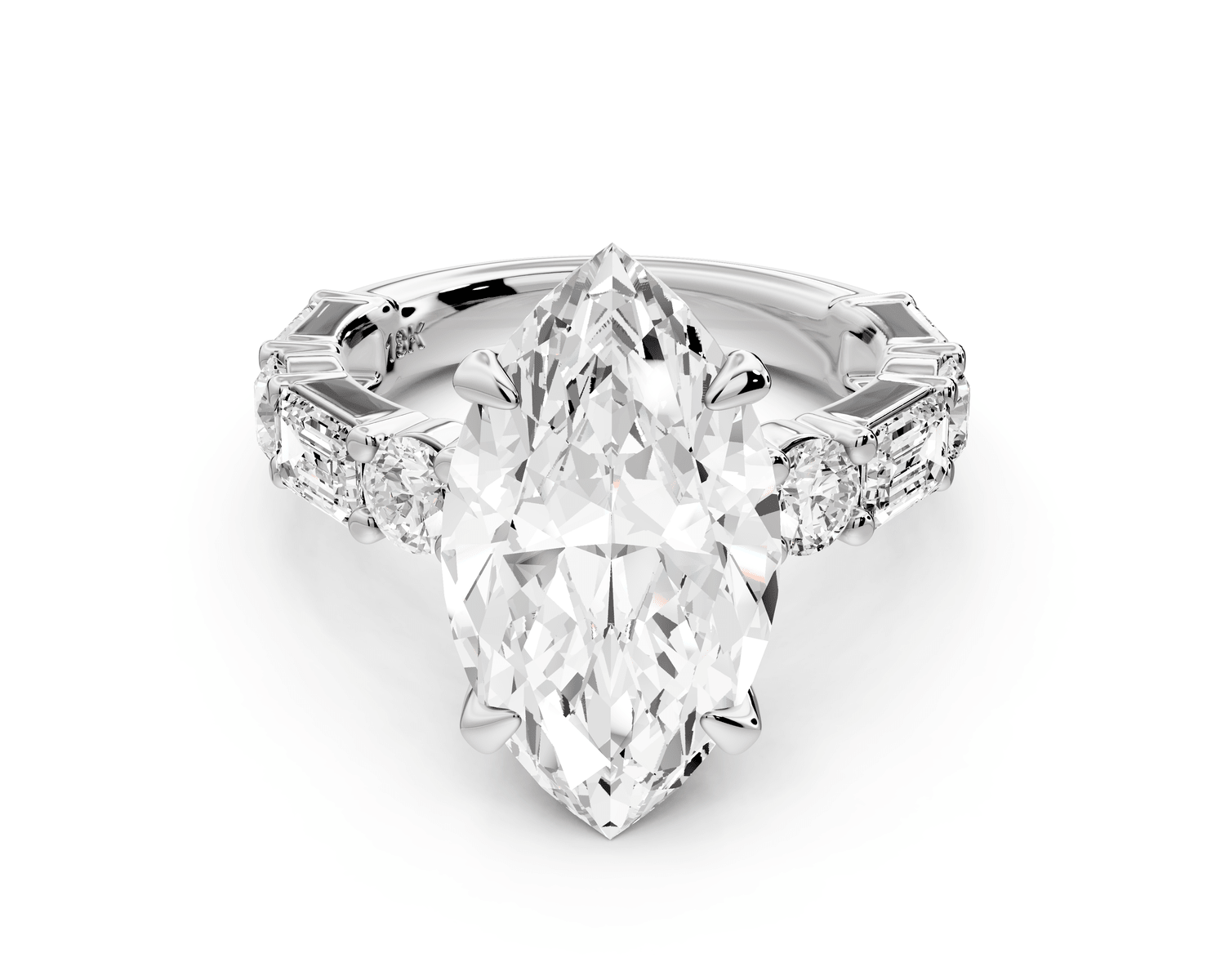 Juliette - 5ct platinum marquise with Alternating Round and Emerald 8 - Stone Band Engagement Ring - Mr. Alex Jewelry