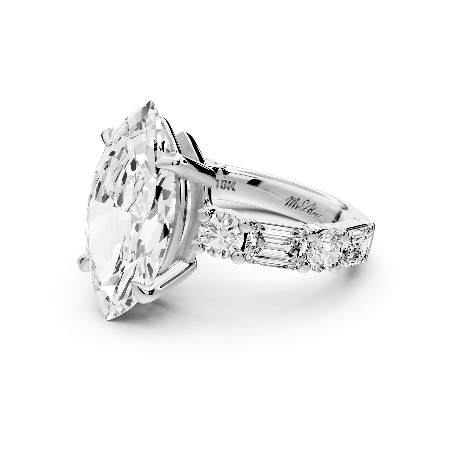 Juliette - 5ct platinum marquise with Alternating Round and Emerald 8 - Stone Band Engagement Ring - Mr. Alex Jewelry