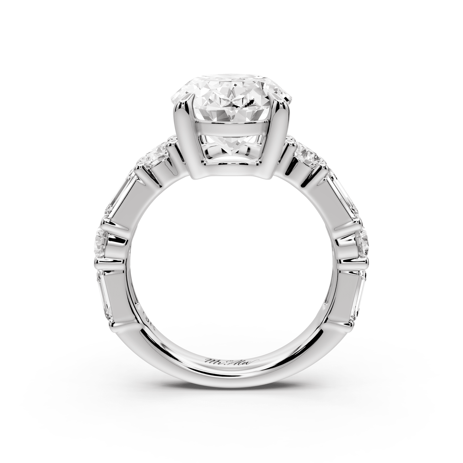 Juliette - 5ct platinum oval with Alternating Round and Emerald 8 - Stone Band Engagement Ring - Mr. Alex Jewelry