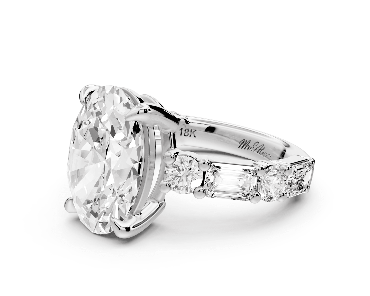 Juliette - 5ct platinum oval with Alternating Round and Emerald 8 - Stone Band Engagement Ring - Mr. Alex Jewelry