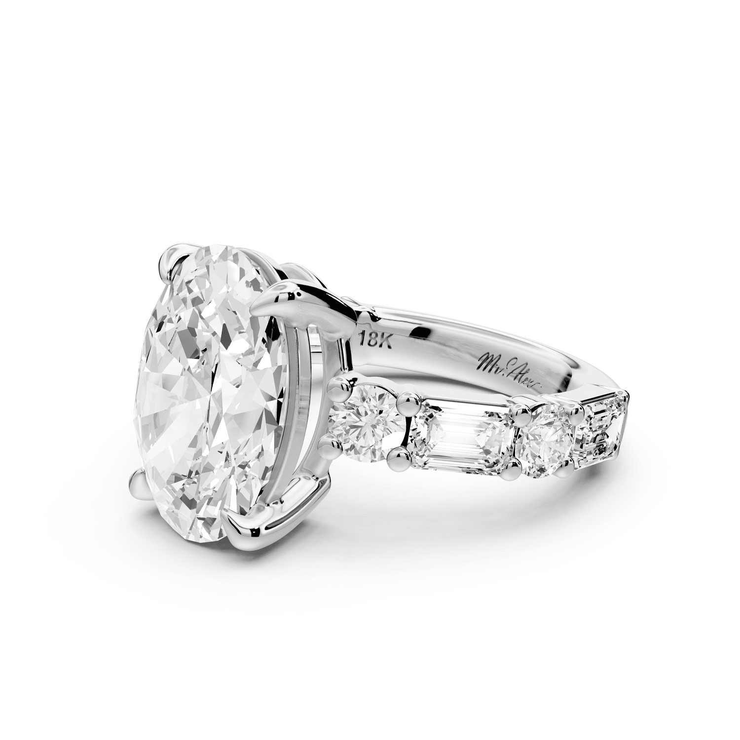 Juliette - 5ct platinum oval with Alternating Round and Emerald 8 - Stone Band Engagement Ring - Mr. Alex Jewelry