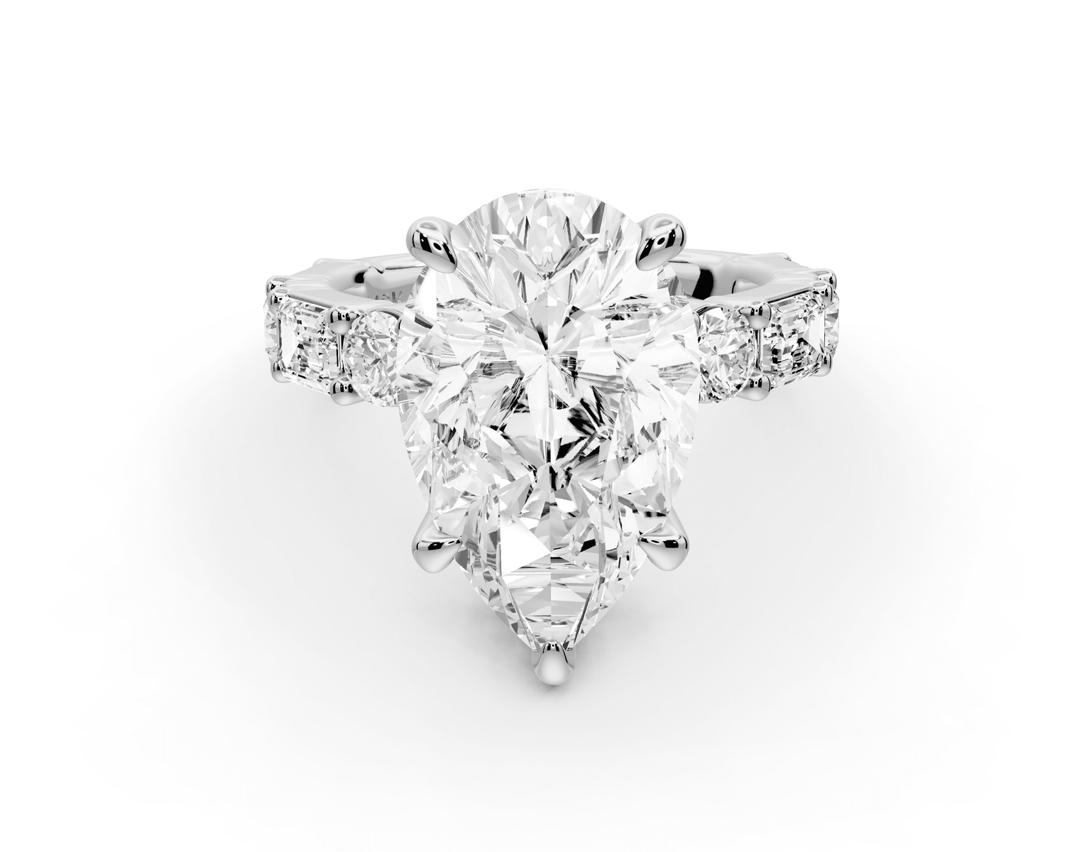 Juliette - 5ct platinum pear with Alternating Round and Emerald 8 - Stone Band Engagement Ring - Mr. Alex Jewelry