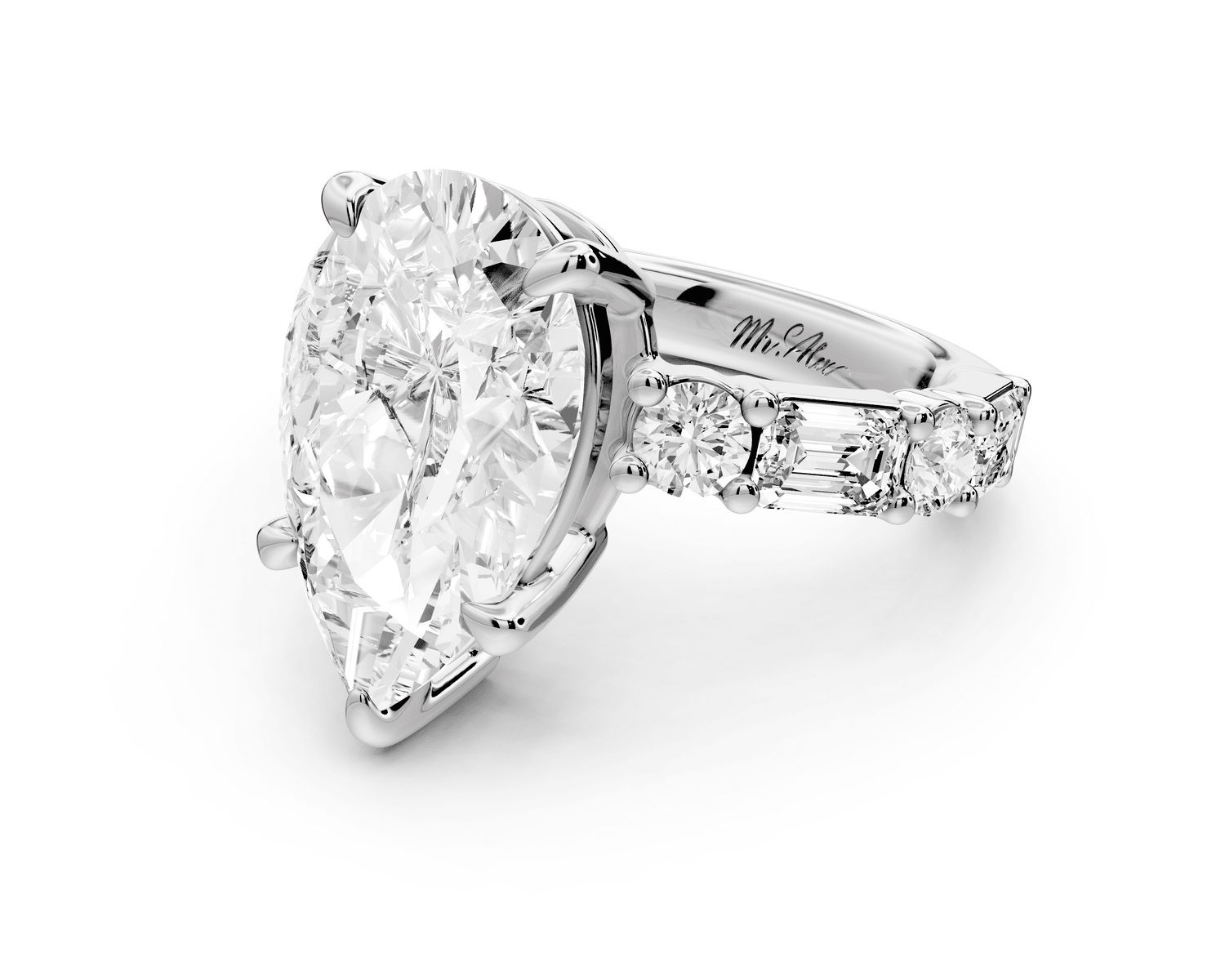 Juliette - 5ct platinum pear with Alternating Round and Emerald 8 - Stone Band Engagement Ring - Mr. Alex Jewelry