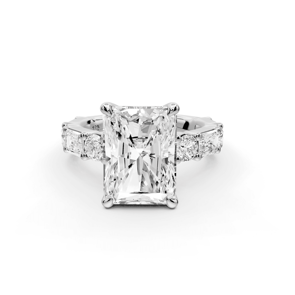 Juliette - 5ct platinum radiant with Alternating Round and Emerald 8 - Stone Band Engagement Ring - Mr. Alex Jewelry