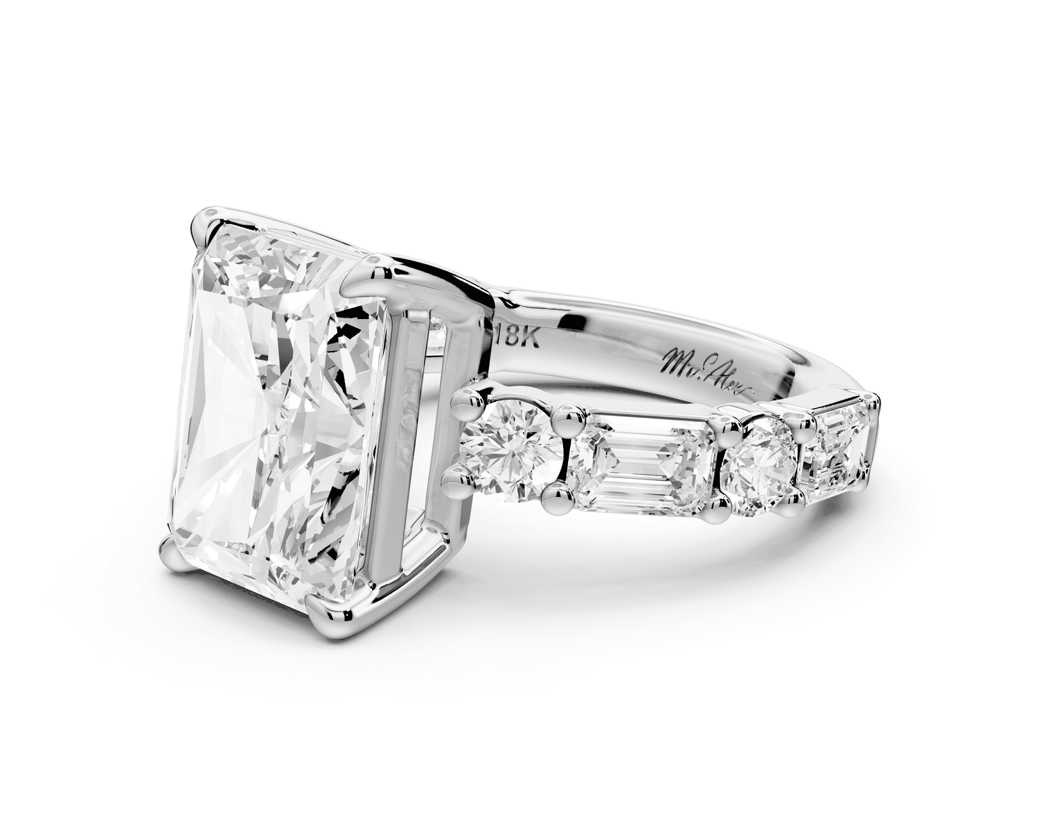 Juliette - 5ct platinum radiant with Alternating Round and Emerald 8 - Stone Band Engagement Ring - Mr. Alex Jewelry