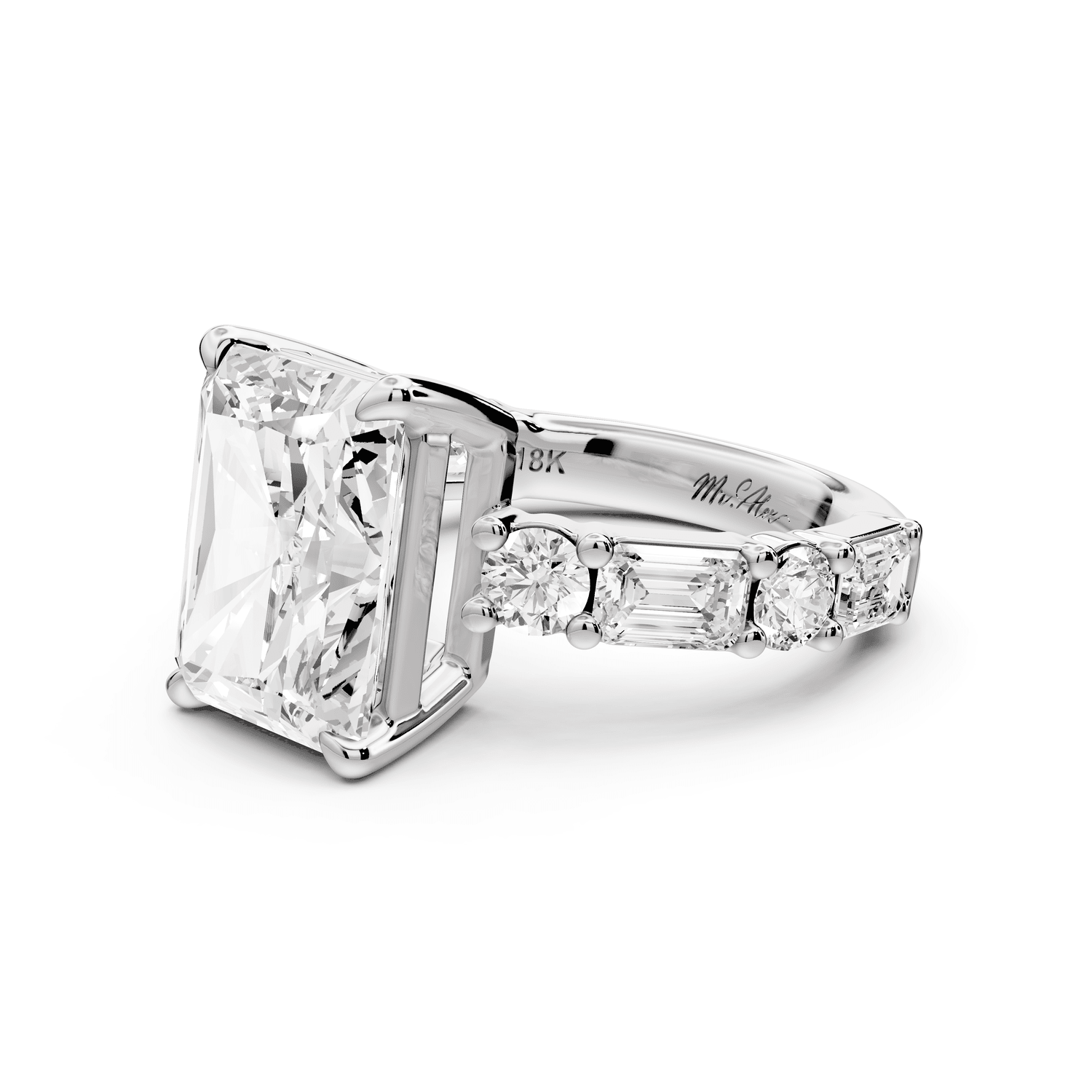Juliette - 5ct platinum radiant with Alternating Round and Emerald 8 - Stone Band Engagement Ring - Mr. Alex Jewelry