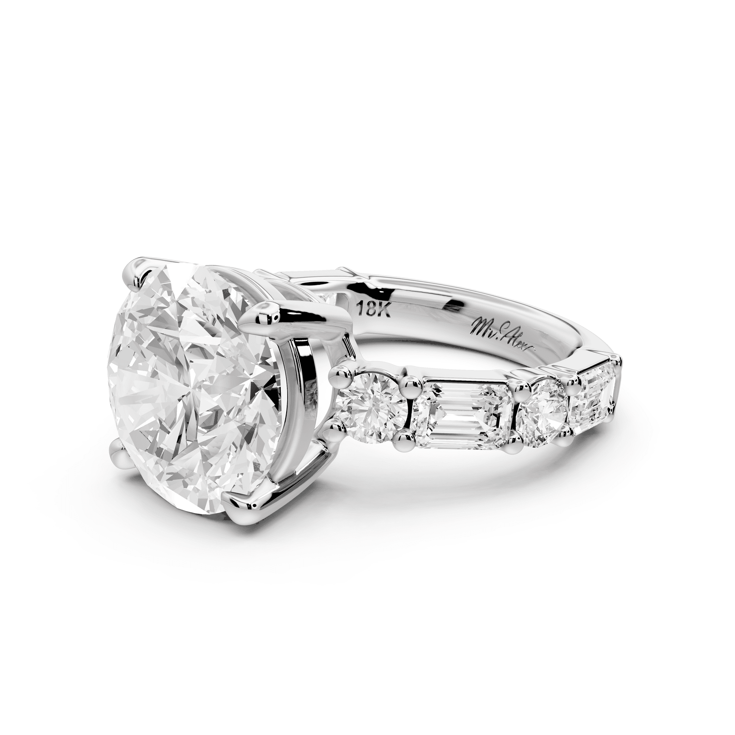 Juliette - 5ct platinum round with Alternating Round and Emerald 8 - Stone Band Engagement Ring - Mr. Alex Jewelry