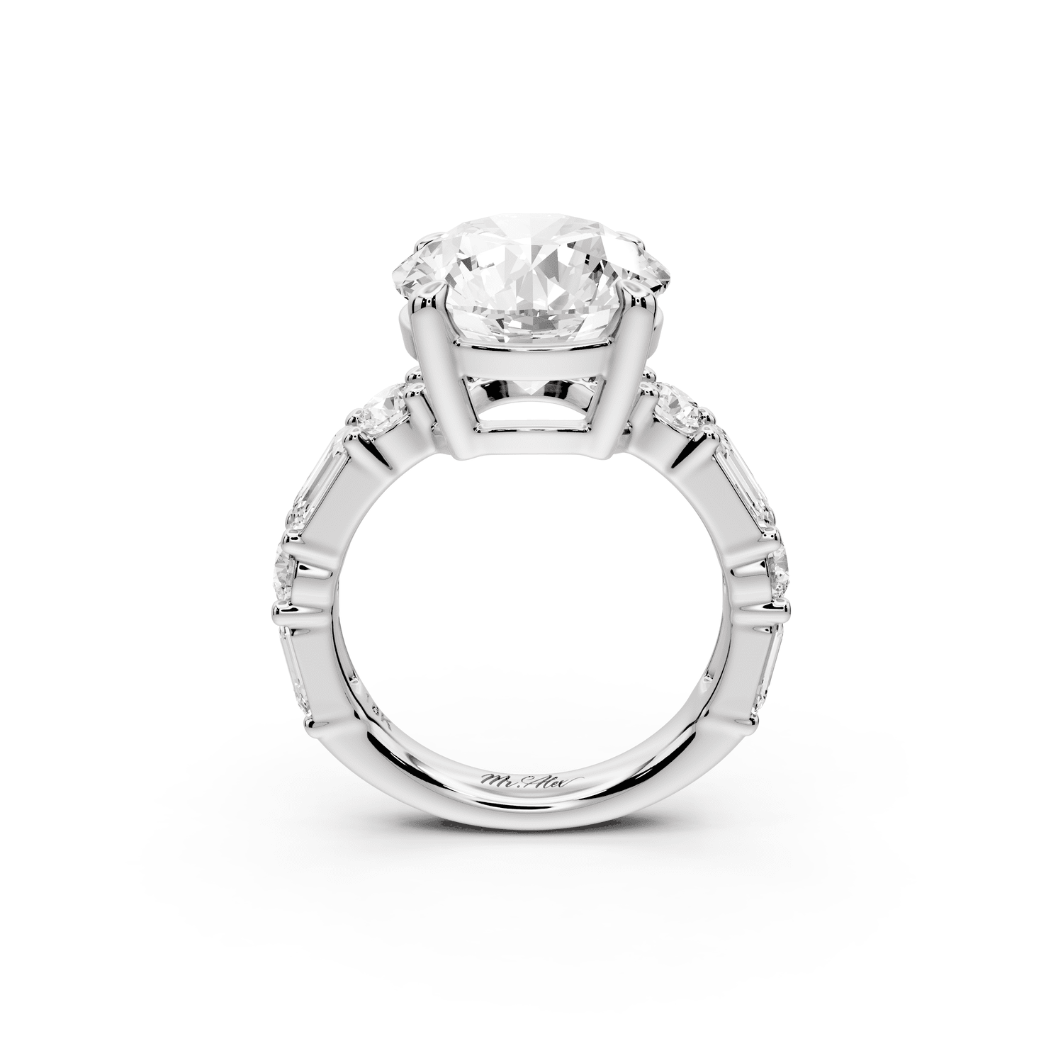 Juliette - 5ct platinum round with Alternating Round and Emerald 8 - Stone Band Engagement Ring - Mr. Alex Jewelry
