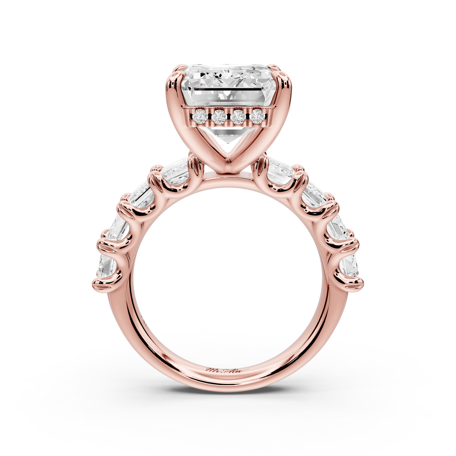 Kendall - 7ct 14k rose gold Emerald Hidden Halo Engagement Ring with Graduated Prong-Set Side Stones - Mr. Alex Jewelry