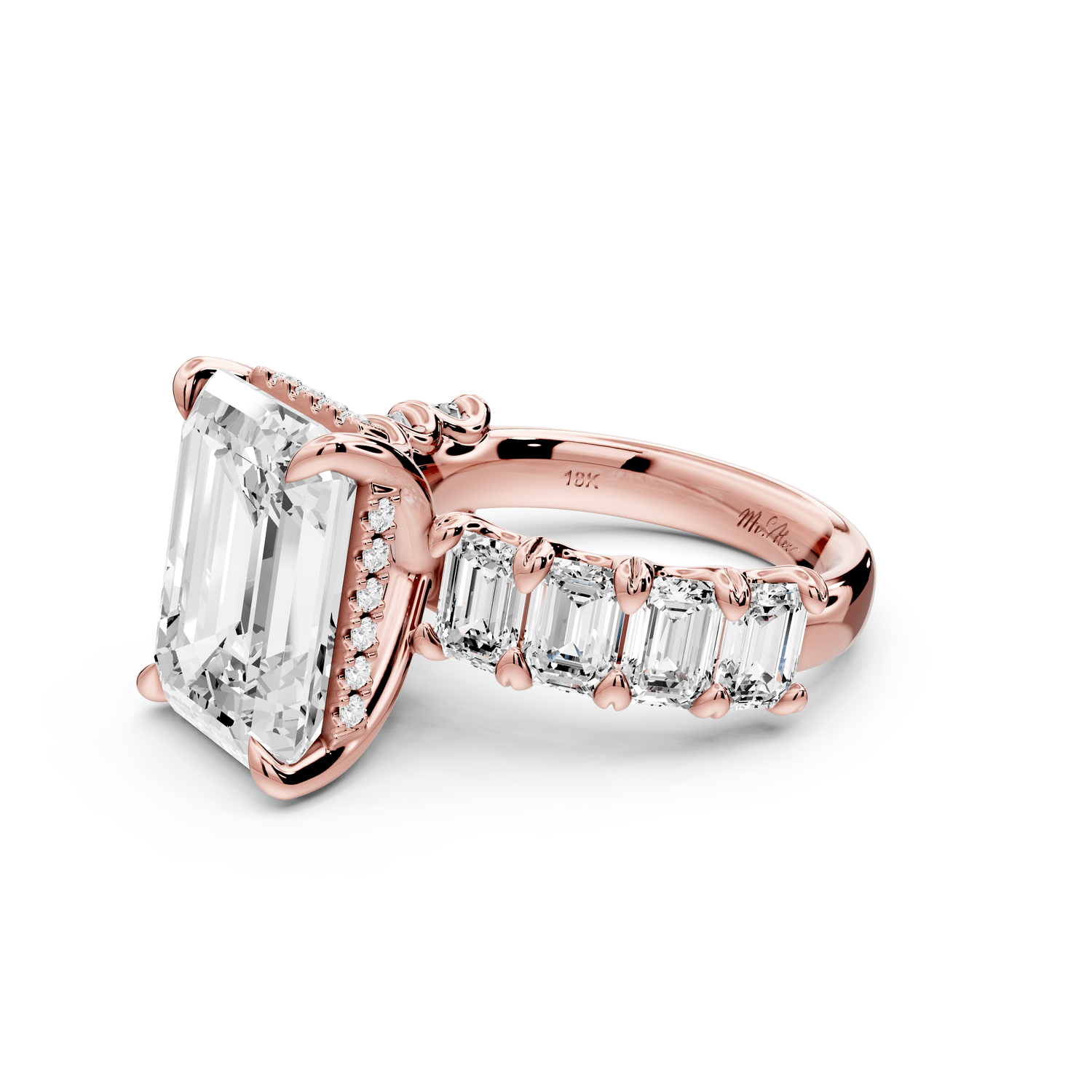 Kendall - 7ct 14k rose gold Emerald Hidden Halo Engagement Ring with Graduated Prong-Set Side Stones - Mr. Alex Jewelry