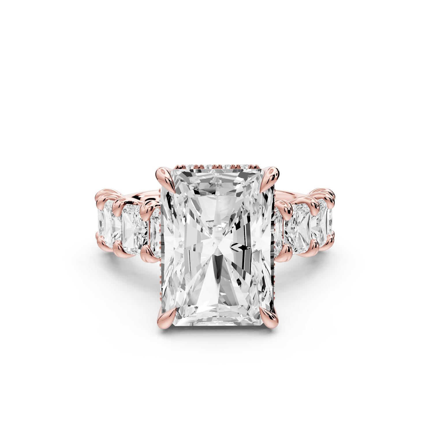 Kendall - 7ct 14k rose gold Radiant Hidden Halo Engagement Ring with Graduated Prong-Set Side Stones - Mr. Alex Jewelry