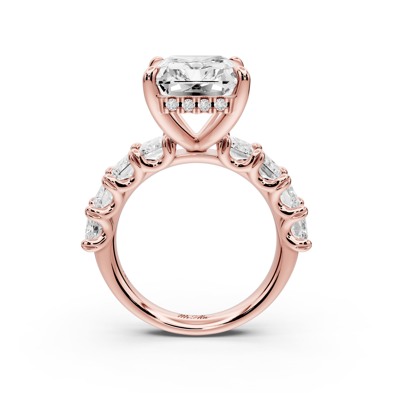Kendall - 7ct 14k rose gold Radiant Hidden Halo Engagement Ring with Graduated Prong-Set Side Stones - Mr. Alex Jewelry