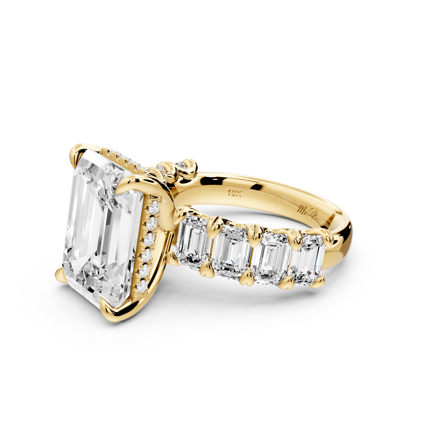 Kendall - 7ct 14k yellow gold Emerald Hidden Halo Engagement Ring with Graduated Prong-Set Side Stones - Mr. Alex Jewelry