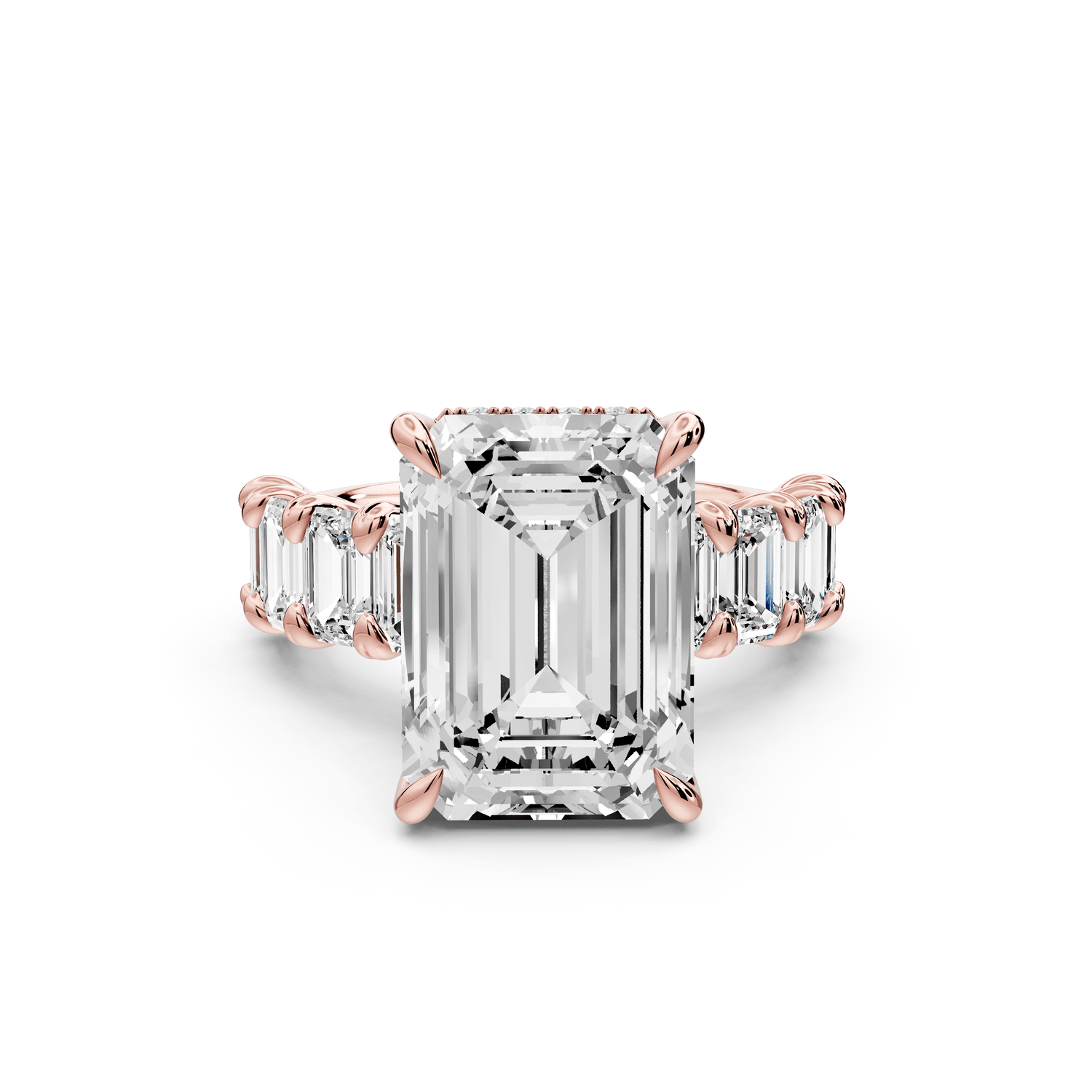 Kendall - 7ct 18k rose gold Emerald Hidden Halo Engagement Ring with Graduated Prong-Set Side Stones - Mr. Alex Jewelry