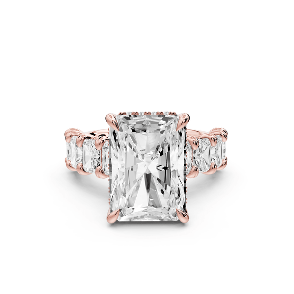 Kendall - 7ct 18k rose gold Radiant Hidden Halo Engagement Ring with Graduated Prong-Set Side Stones - Mr. Alex Jewelry