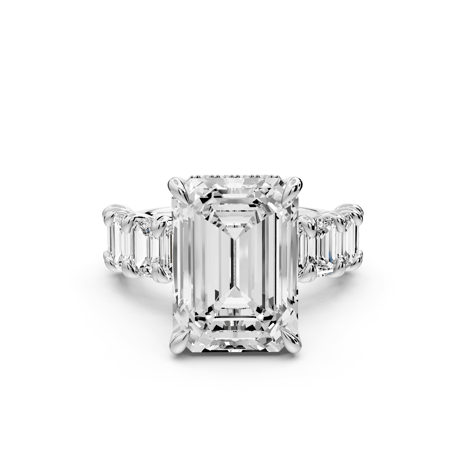 Kendall - 7ct 18k white gold Emerald Hidden Halo Engagement Ring with Graduated Prong-Set Side Stones - Mr. Alex Jewelry