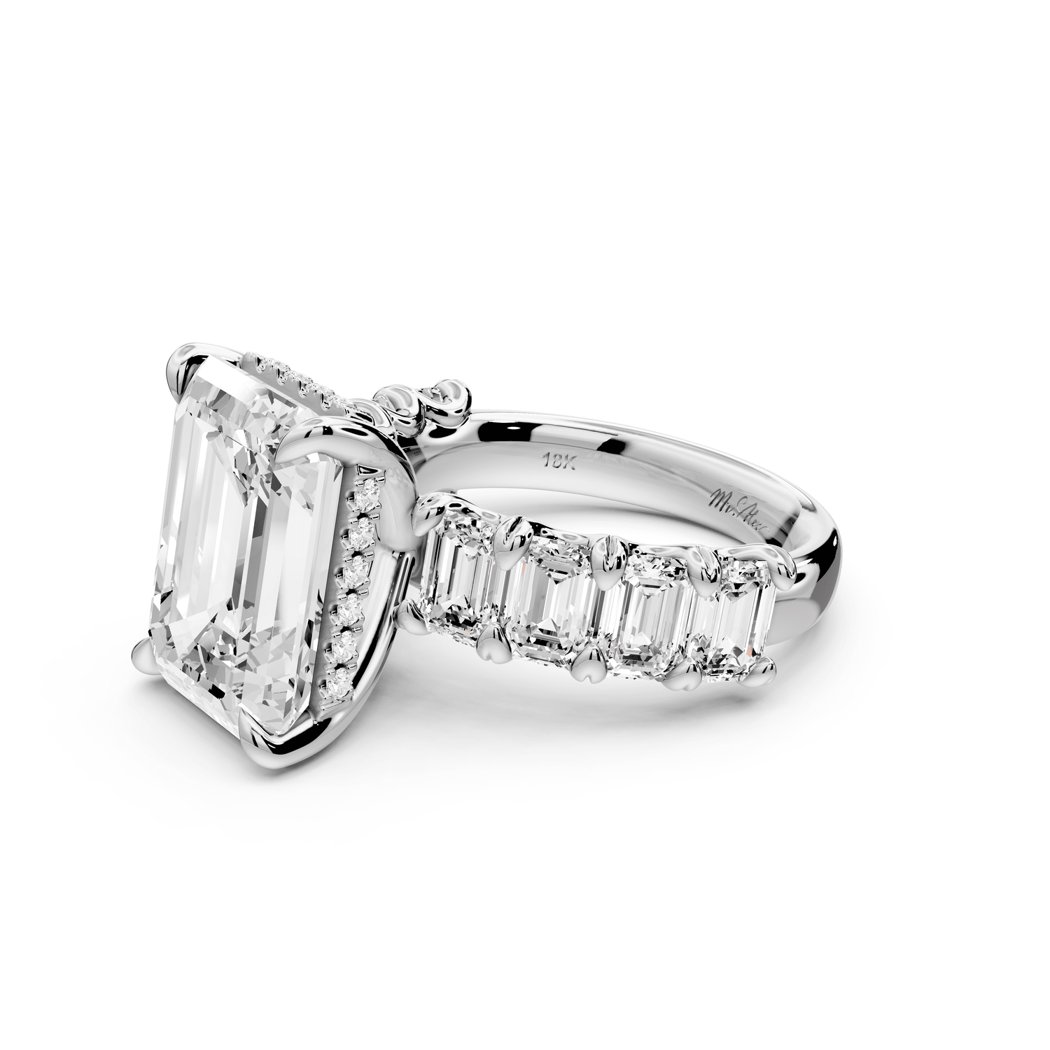 Kendall - 7ct 18k white gold Emerald Hidden Halo Engagement Ring with Graduated Prong-Set Side Stones - Mr. Alex Jewelry
