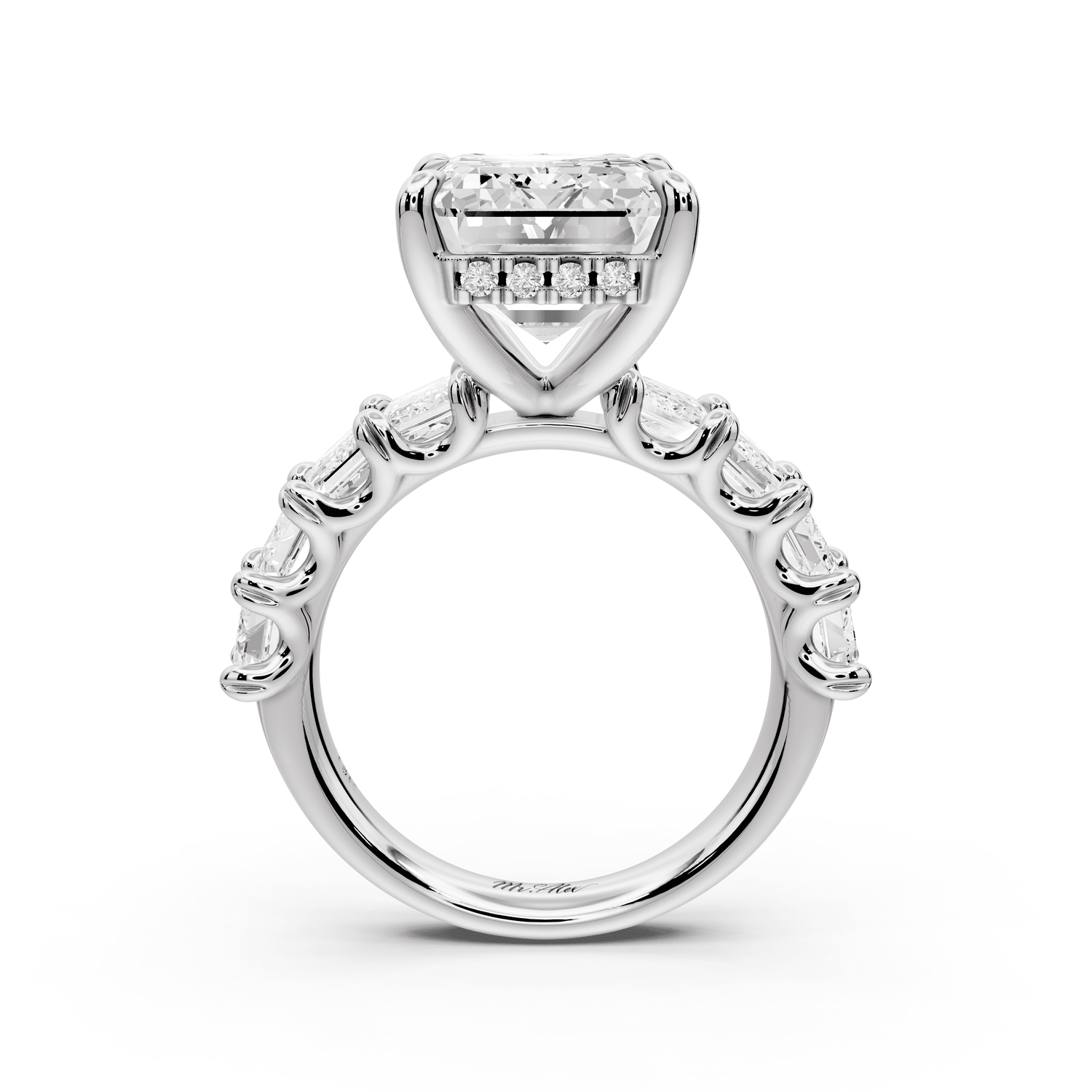 Kendall - 7ct 18k white gold Emerald Hidden Halo Engagement Ring with Graduated Prong-Set Side Stones - Mr. Alex Jewelry