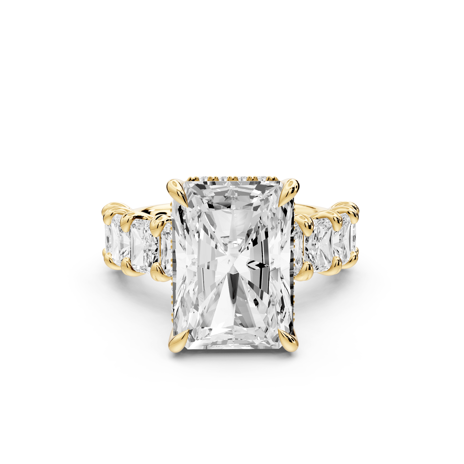 Kendall - 7ct 18k yellow gold Radiant Hidden Halo Engagement Ring with Graduated Prong-Set Side Stones - Mr. Alex Jewelry