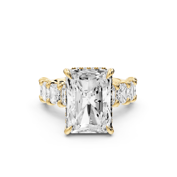 Kendall - 7ct 18k yellow gold Radiant Hidden Halo Engagement Ring with Graduated Prong-Set Side Stones - Mr. Alex Jewelry
