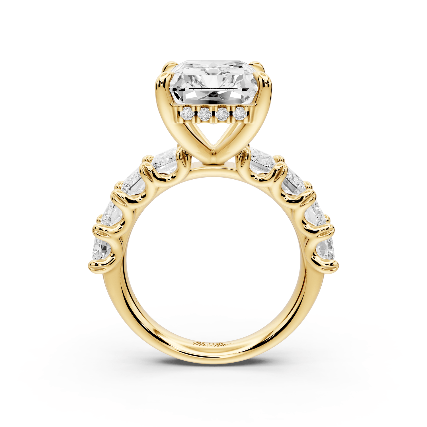 Kendall - 7ct 18k yellow gold Radiant Hidden Halo Engagement Ring with Graduated Prong-Set Side Stones - Mr. Alex Jewelry