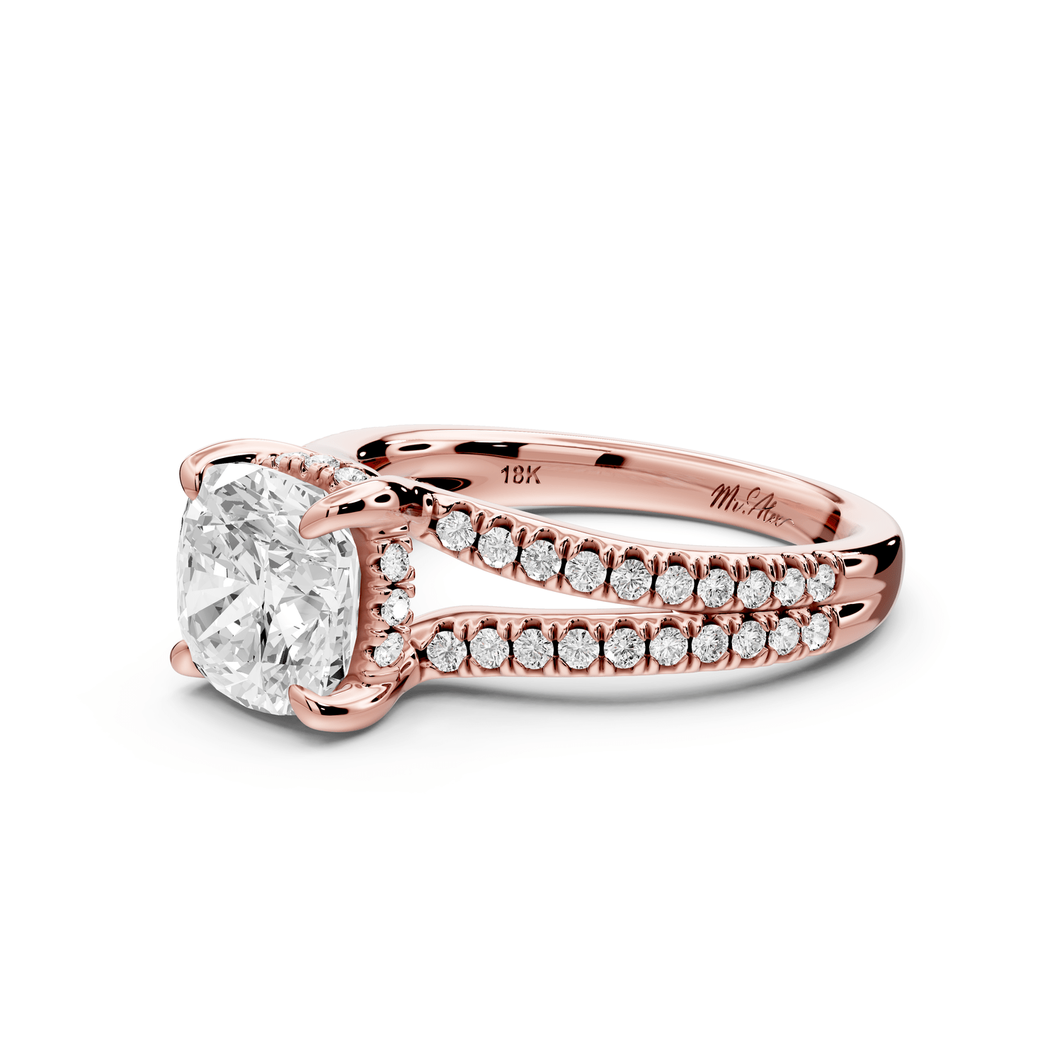 Liora - 2ct 14k rose gold cushion Hidden Halo Micro Pavé Split Shank Engagement Ring - Mr. Alex Jewelry