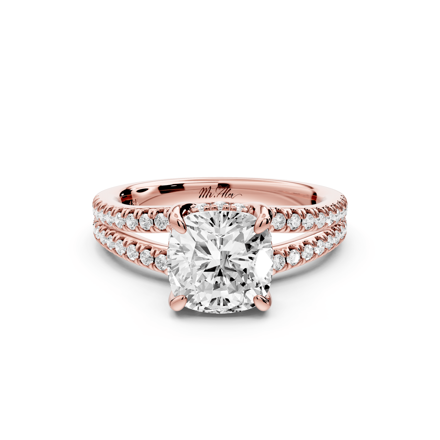 Liora - 2ct 14k rose gold cushion Hidden Halo Micro Pavé Split Shank Engagement Ring - Mr. Alex Jewelry