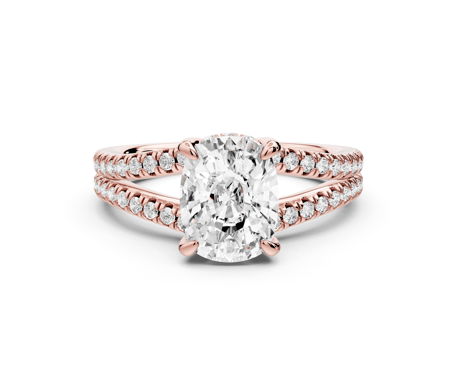 Liora - 2ct 14k rose gold ecushion Hidden Halo Micro Pavé Split Shank Engagement Ring - Mr. Alex Jewelry