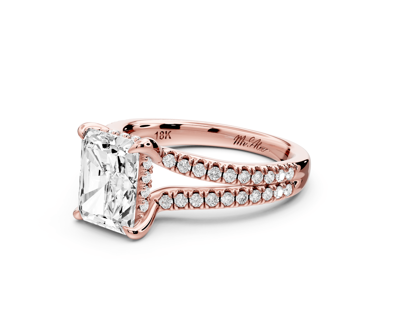 Liora - 2ct 14k rose gold radiant Hidden Halo Micro Pavé Split Shank Engagement Ring - Mr. Alex Jewelry