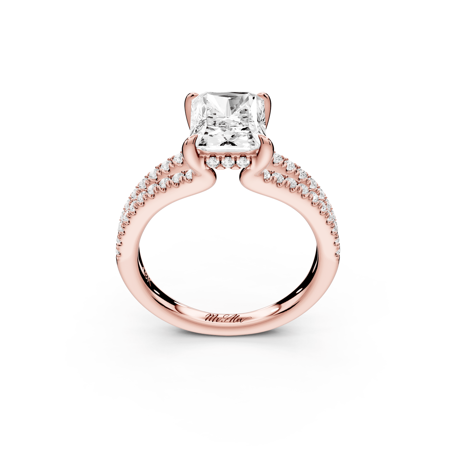 Liora - 2ct 14k rose gold radiant Hidden Halo Micro Pavé Split Shank Engagement Ring - Mr. Alex Jewelry