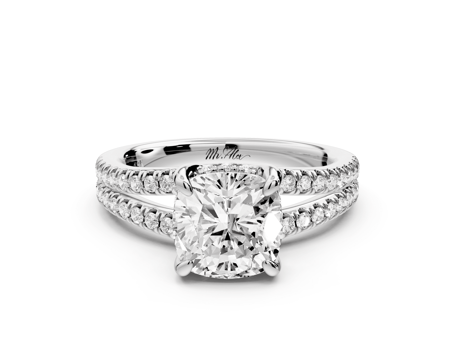 Liora - 2ct 14k white gold cushion Hidden Halo Micro Pavé Split Shank Engagement Ring - Mr. Alex Jewelry