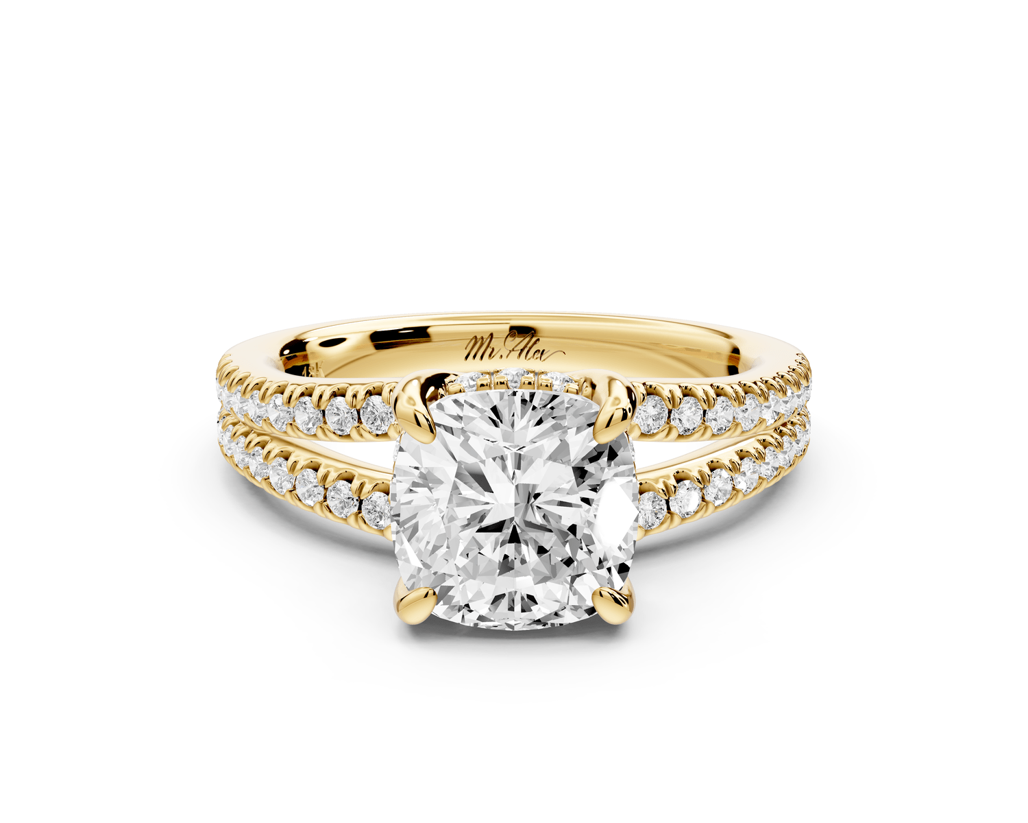 Liora - 2ct 14k yellow gold cushion Hidden Halo Micro Pavé Split Shank Engagement Ring - Mr. Alex Jewelry