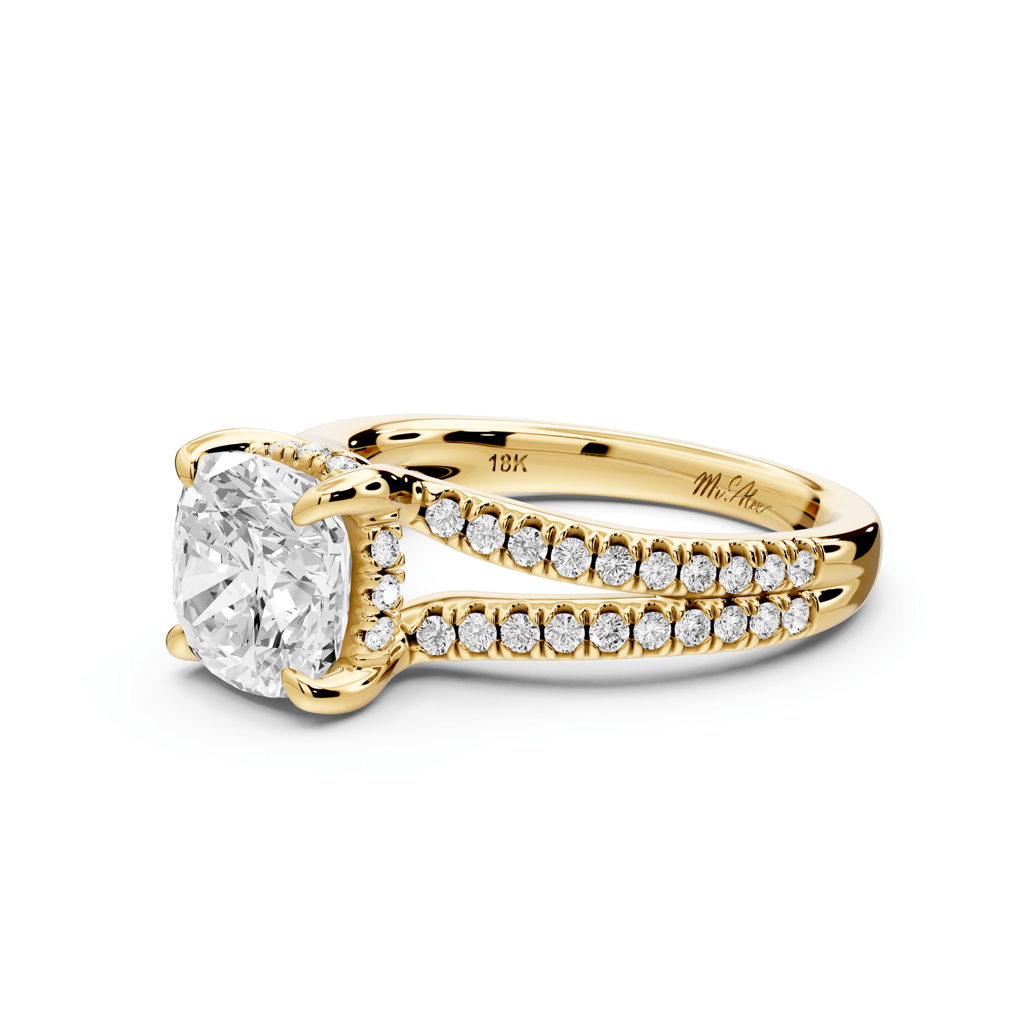 Liora - 2ct 14k yellow gold cushion Hidden Halo Micro Pavé Split Shank Engagement Ring - Mr. Alex Jewelry